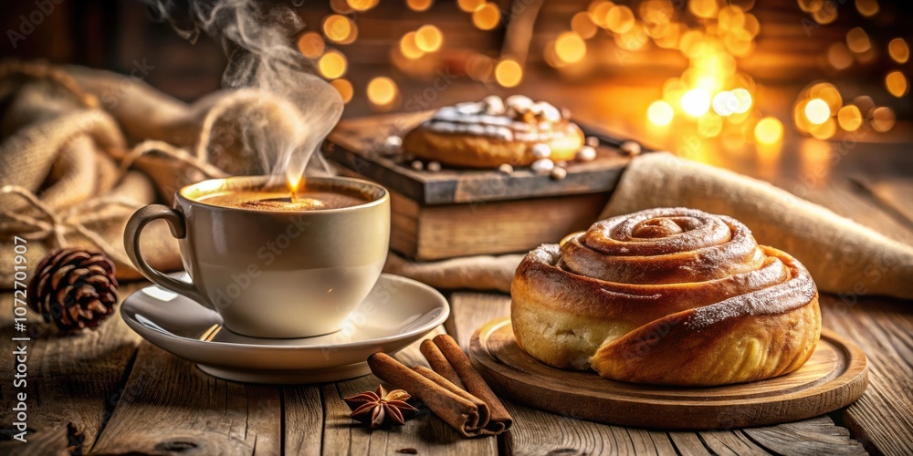 A steaming cup of coffee with a fresh cinnamon roll and cinnamon sticks on a rustic wooden table A steaming cup of coffee with a fresh cinnamon roll and cinnamon sticks on a rustic wooden table