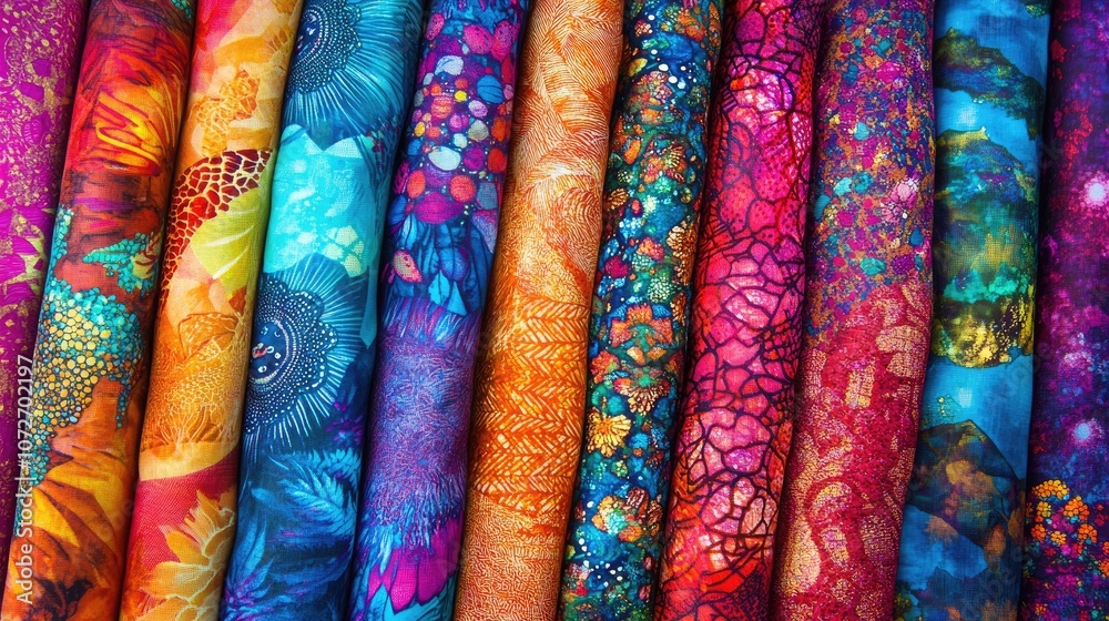 Vibrant Textile Patterns: A Colorful Display of Fabric Rolls Featuring Diverse Designs and Textures for Creative Projects and Fashion Applications Vibrant Textile Patterns: A Colorful Display of Fabric Rolls Featuring Diverse Designs and Textures for Creative Projects and Fashion Applications