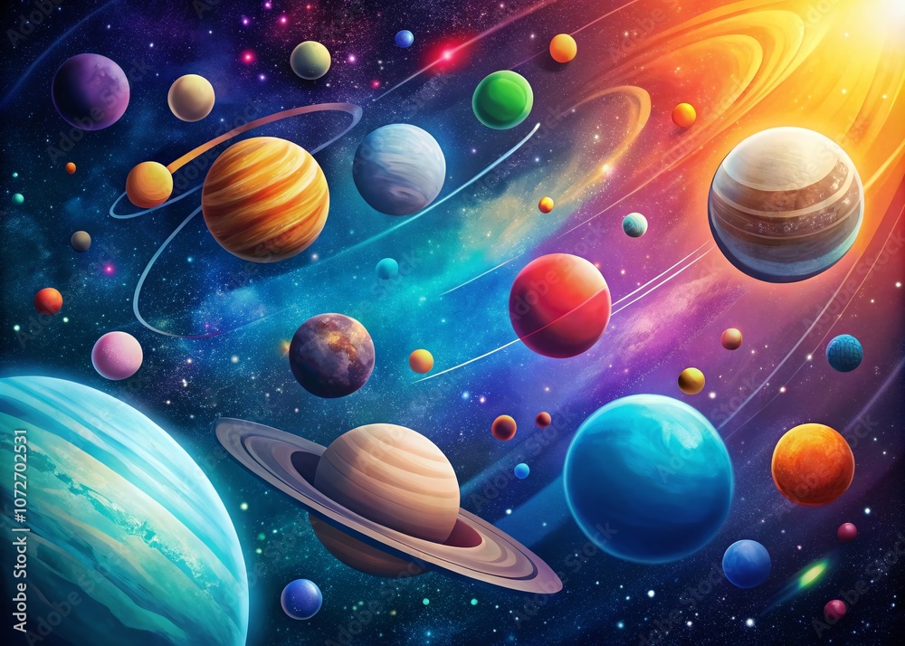 Conceptual Photography of a Flat Style Space Background with Vibrant Planets and Stars, Ideal for Science Fiction Themes and Creative Design Projects in Various Media Formats Conceptual Photography of a Flat Style Space Background with Vibrant Planets and Stars, Ideal for Science Fiction Themes and Creative Design Projects in Various Media Formats