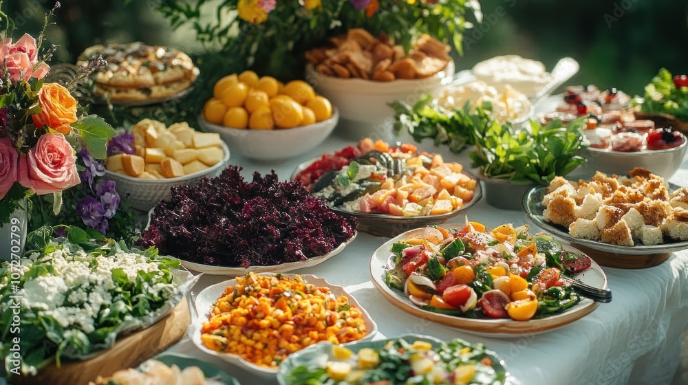 A feast of fresh salads, bread, and lemons A feast of fresh salads, bread, and lemons