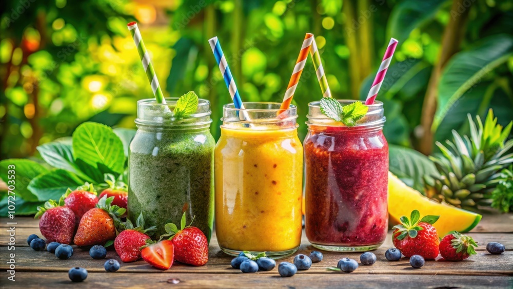 A refreshing trio of colorful smoothies with vibrant fruits and greenery, perfect for a healthy and delicious summer treat. A refreshing trio of colorful smoothies with vibrant fruits and greenery, perfect for a healthy and delicious summer treat.