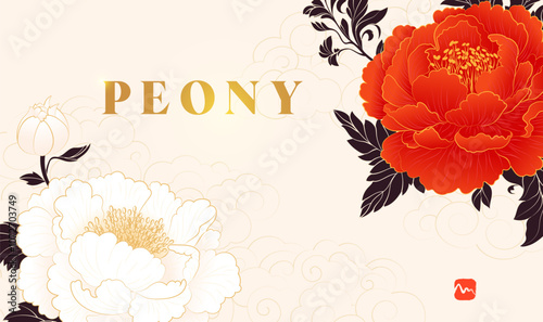 Hand painted Chinese style banner with white and red peony flowers in full bloom