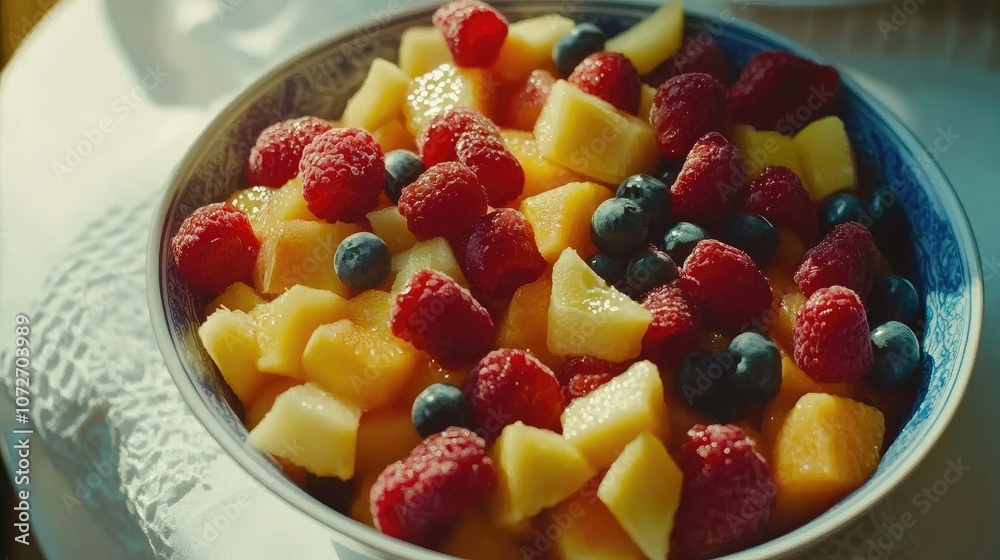 Fresh and Colorful Fruit Salad Displayed in a Beautiful Bowl with Raspberries, Blueberries, Pineapple, and Melon in an Inviting Setting Fresh and Colorful Fruit Salad Displayed in a Beautiful Bowl with Raspberries, Blueberries, Pineapple, and Melon in an Inviting Setting
