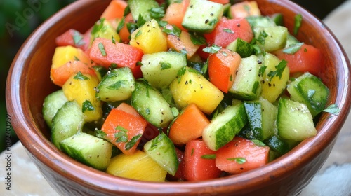 Fresh and Colorful Vegetable Salad in a Brown Bowl with Chopped Herbs on a Wooden Surface Perfect for Healthy Cooking and Summer Dishes