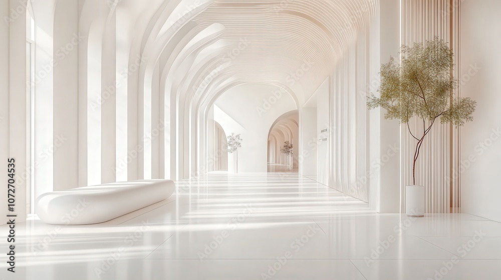 Fototapeta premium Elegant, bright hallway with arches and minimalistic design, featuring indoor greenery.