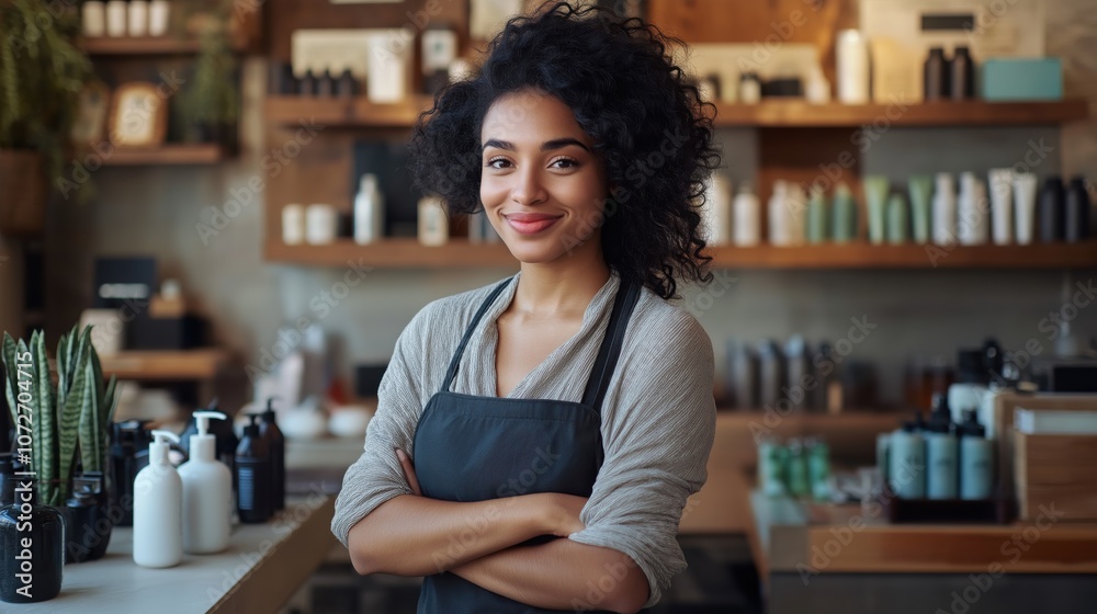 A young woman stands proudly in a store filled with beauty and wellness products. She smiles with confidence, wearing an apron, showcasing a warm and inviting atmosphere. A young woman stands proudly in a store filled with beauty and wellness products. She smiles with confidence, wearing an apron, showcasing a warm and inviting atmosphere.