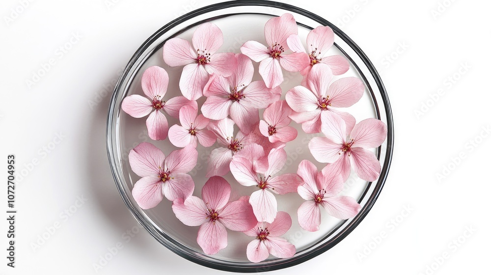 Delicate Pink Cherry Blossom Petals Floating in a Clear Dish on a Bright Background, Emphasizing Natural Beauty and Serene Aesthetic in Floral Arrangement Delicate Pink Cherry Blossom Petals Floating in a Clear Dish on a Bright Background, Emphasizing Natural Beauty and Serene Aesthetic in Floral Arrangement