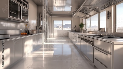 Modern kitchen interior with sleek design, ample natural light, and spacious layout.