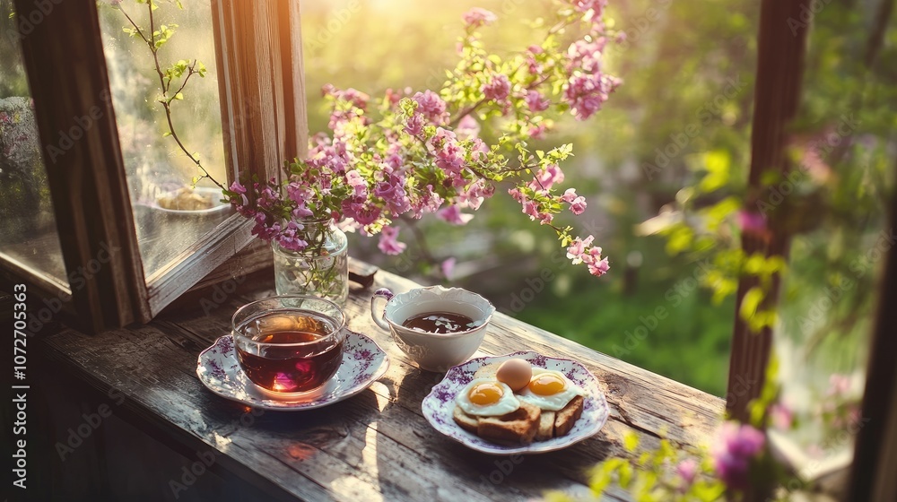 Sunlit Breakfast Scene with Eggs and Tea by a Window Surrounded by Blooming Flowers in a Cozy Setting, Evoking Peace and Serenity Sunlit Breakfast Scene with Eggs and Tea by a Window Surrounded by Blooming Flowers in a Cozy Setting, Evoking Peace and Serenity