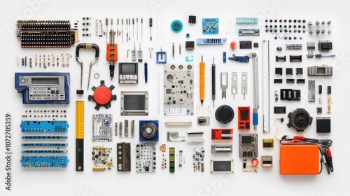 A Comprehensive Collection of Various Electronic Components and Tools Spread Out on a Light Background for Technical and Engineering Projects