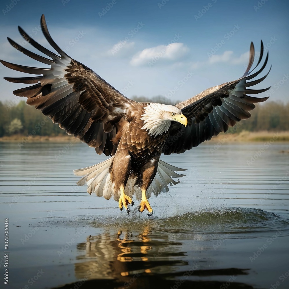 A majestic eagle takes flight over a serene lake, showcasing its powerful wings and keen focus. A majestic eagle takes flight over a serene lake, showcasing its powerful wings and keen focus.