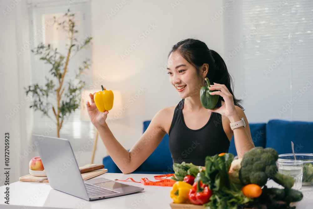 Asian nutritionist holding bell peppers while giving online healthy eating consultation via video call using laptop at home, promoting balanced diet and wellbeing Asian nutritionist holding bell peppers while giving online healthy eating consultation via video call using laptop at home, promoting balanced diet and wellbeing