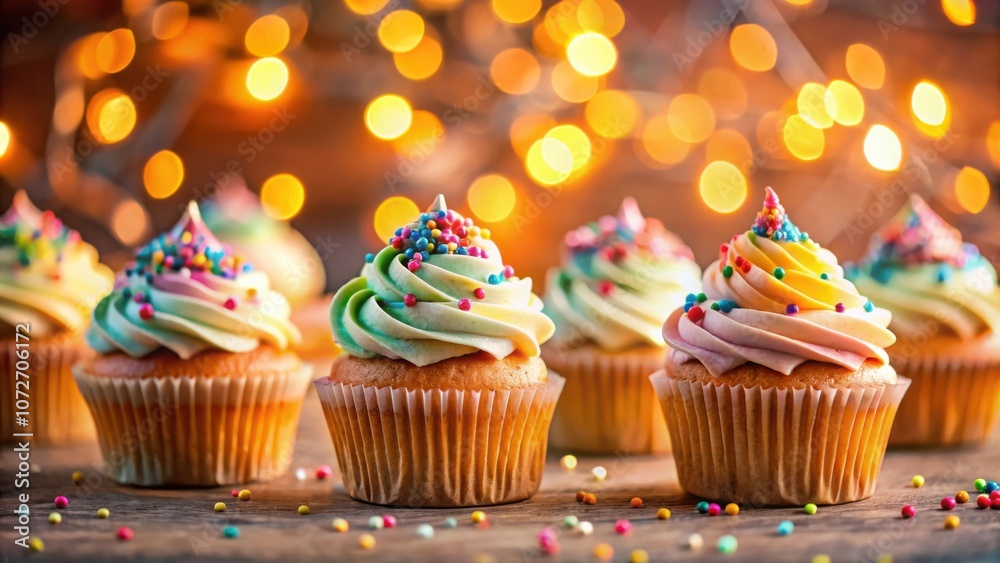 Festive Cupcakes with Colorful Frosting and Sprinkles on a Rustic Wooden Surface with Warm Bokeh Lights Festive Cupcakes with Colorful Frosting and Sprinkles on a Rustic Wooden Surface with Warm Bokeh Lights