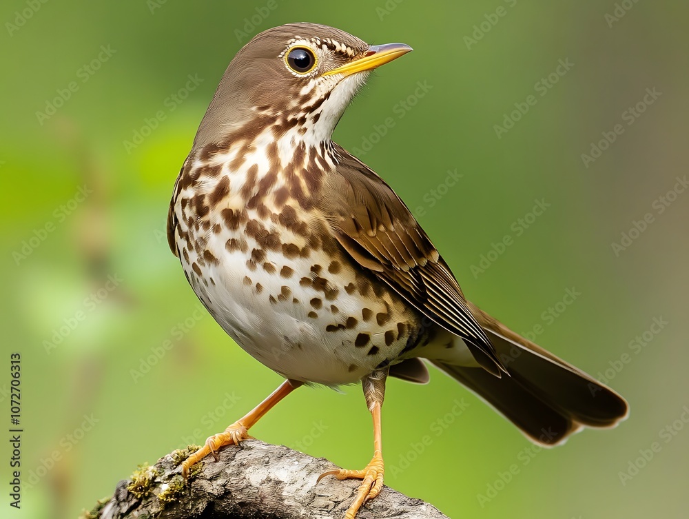 Fototapeta premium Song Thrush Perched on Branch with Distinctive Speckled Plumage with Soft Natural Blur Background