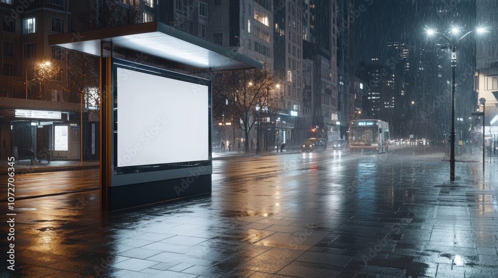Fototapeta premium Empty city street with glowing billboard at night