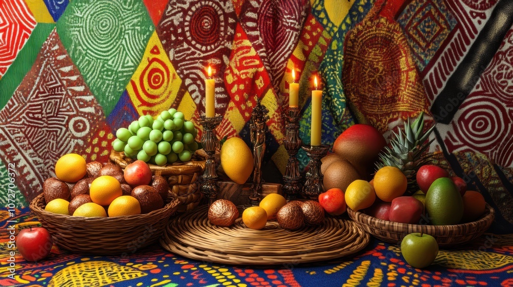 Fototapeta premium Festive Kwanzaa setup with traditional decorations, including a woven mat, baskets of fruits, and a Kinara with lit candles. The background has vibrant colors and African patterns.