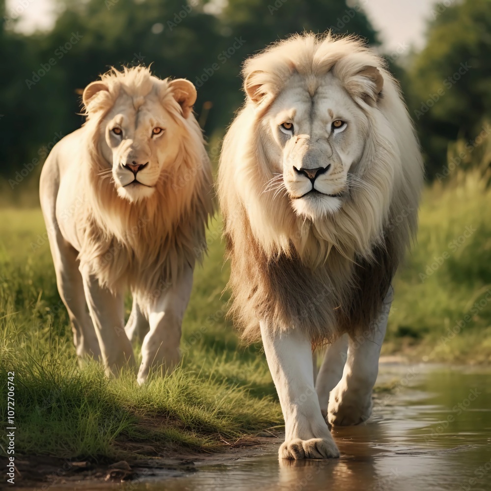 Two majestic white lions walking through a lush green landscape by a stream.