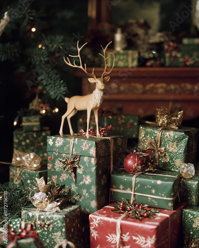 Classic holiday gift display with reindeer figurines and festive decor