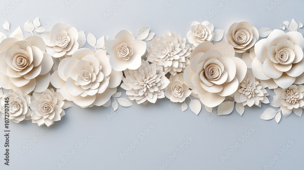 Elegant Paper Flowers Border 3D Floral Background Wedding Decor Craft Design DIY Elegant Paper Flowers Border 3D Floral Background Wedding Decor Craft Design DIY