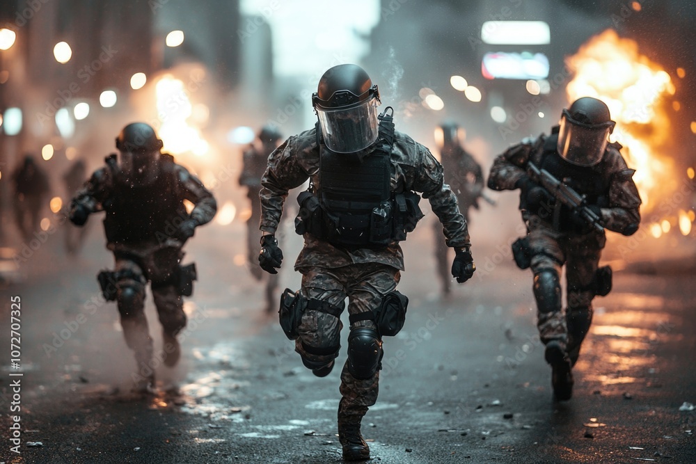 Urban chaos - riots with protesters clashing in city streets amid fire and smoke, depicting scene of emergency, violence, with police controlling situation during a major upheaval. Urban chaos - riots with protesters clashing in city streets amid fire and smoke, depicting scene of emergency, violence, with police controlling situation during a major upheaval.