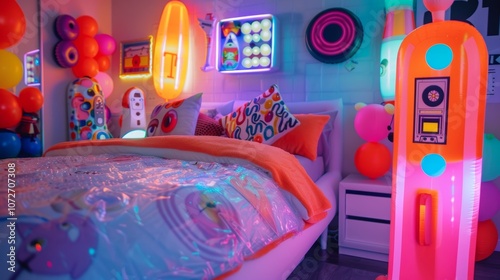 A groovy Y2K bedroom decorated with an assortment of inflatable throwbacks from a blowup lava lamp to an inflatable cassette tape wall art. photo