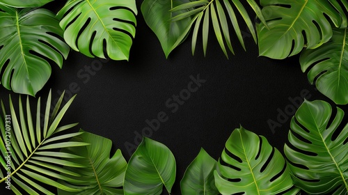 Tropical Leaf Frame Black Background   Green Foliage Border Mockup