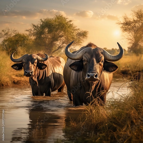 Two water buffalo wade through a serene landscape during sunset, showcasing nature's beauty.