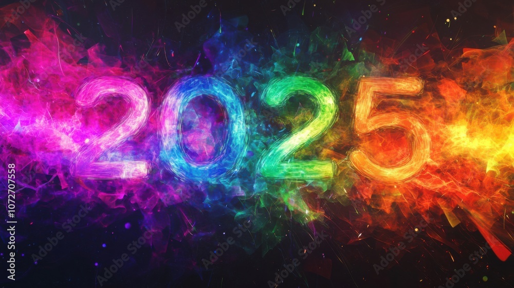 Fototapeta premium Colorful 2025 typography with explosion of rainbow-colored light bursts