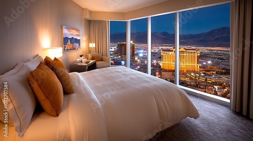 Imagine a lavish hotel room perched high above the bustling Las Vegas Strip, offering a breathtaking panoramic view of the citys glittering lights at night