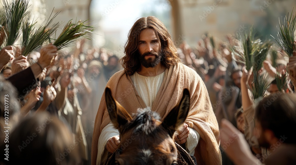 Obraz premium Triumphal entry scene: Jesus Christ rides into Jerusalem on donkey, met by jubilant crowds waving palm branches, symbolizing peace, prophecy, significance of Palm Sunday in Christian tradition.