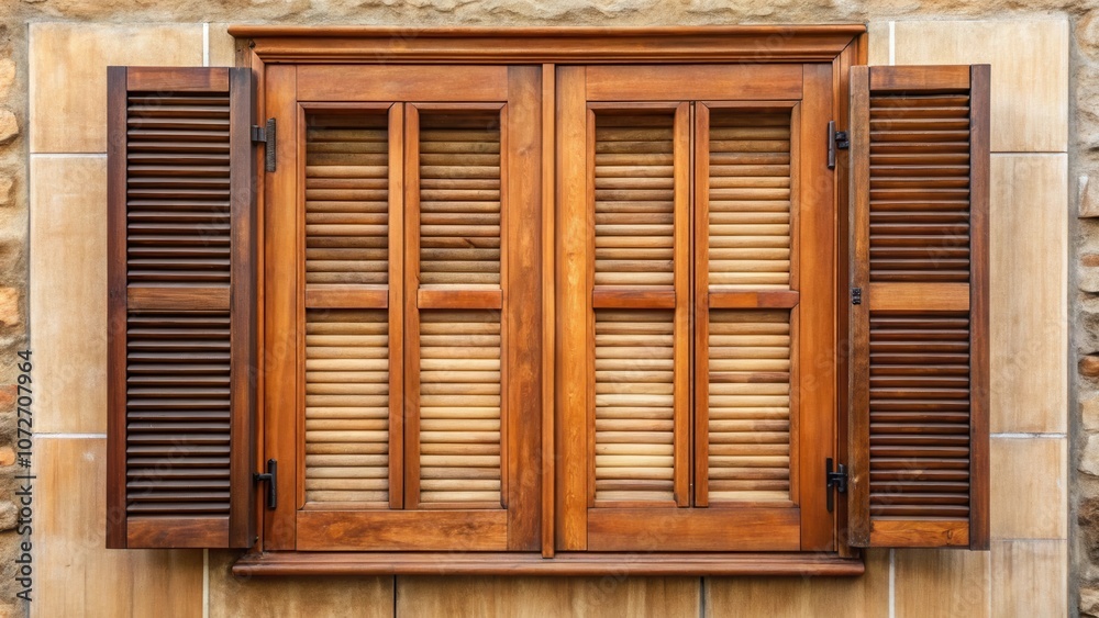 A rustic wooden window with closed shutters and a frame that complements the stone wall it is set into A rustic wooden window with closed shutters and a frame that complements the stone wall it is set into