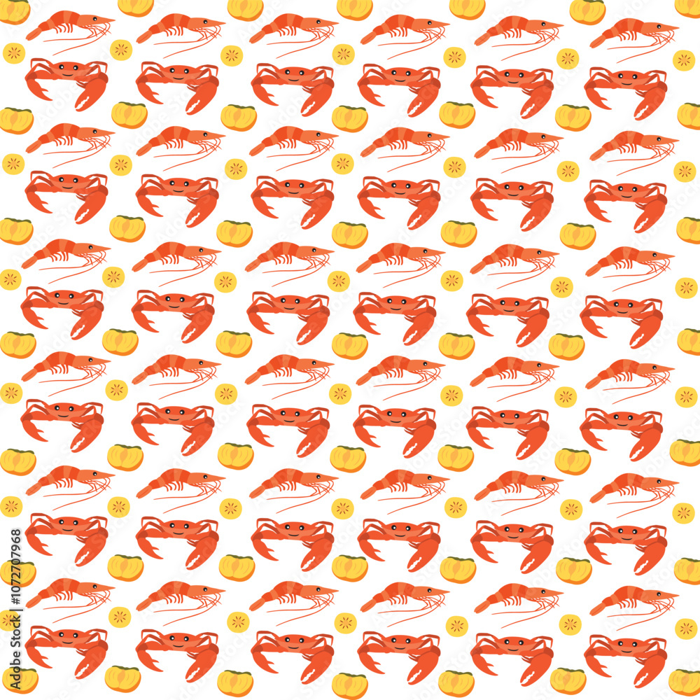 crab, shrimp with fruit as a pattern background