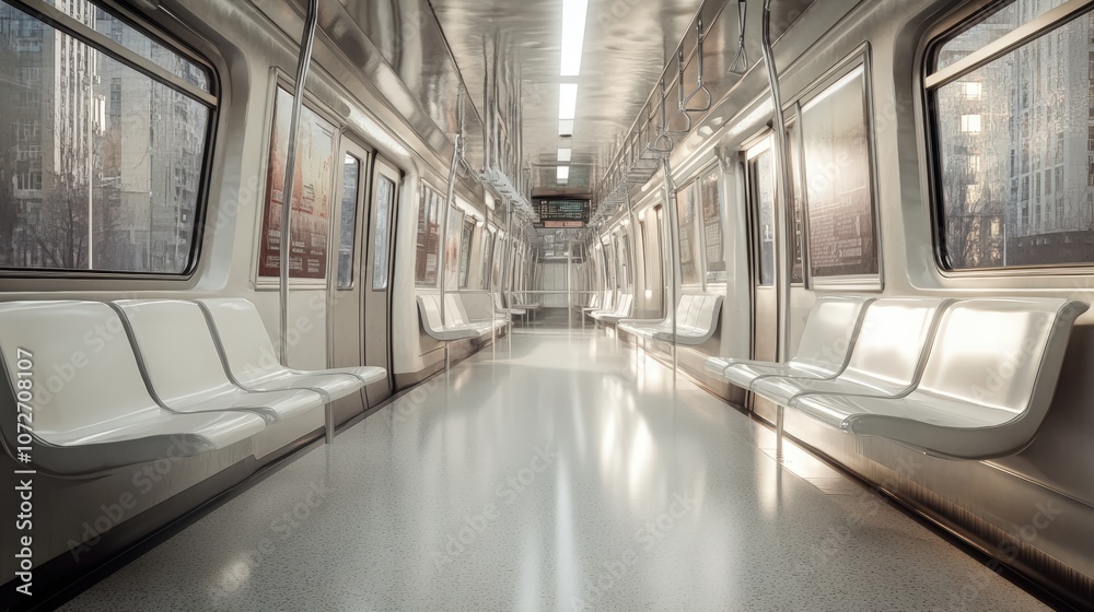 Obraz premium Empty subway car with cityscape view.