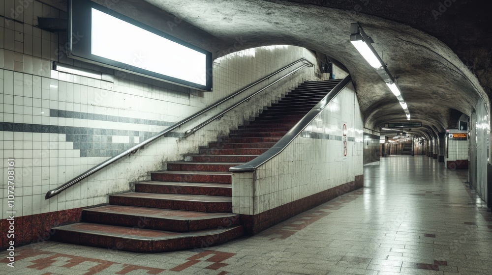 Fototapeta premium Empty subway passage with stairway and lights.