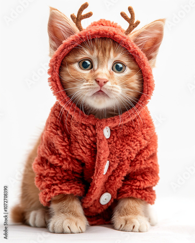 A ginger tabby kitten sits wearing a soft reindeer-themed hoodie with tiny antlers on a white background, giving an adorable expression with bright eyes, creating a festive and heartwarming scene. photo