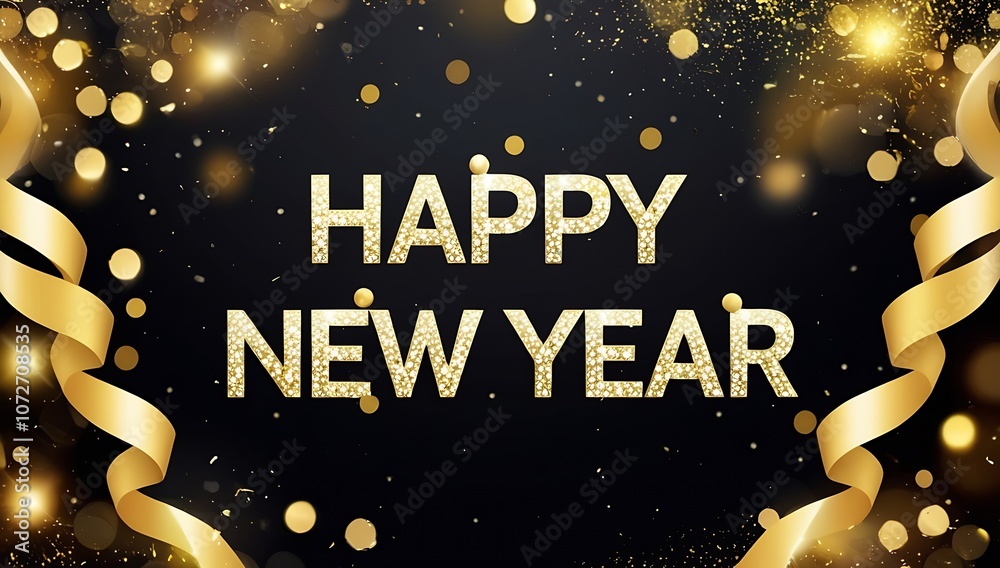 Naklejka premium A festive 'Happy New Year' text design with vibrant bokeh particle effects, set against a sleek black background, perfect for celebrating the New Year with elegance and style.