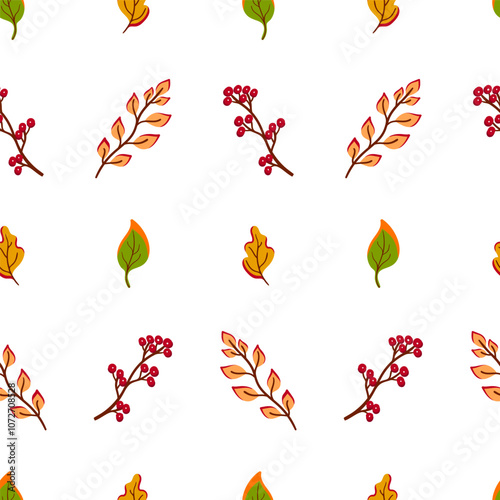 Bright autumn seamless pattern. Hand drawn leaves and branches with berries on white background. Design for textile, fashion, greeting card, banner, party invitation. 