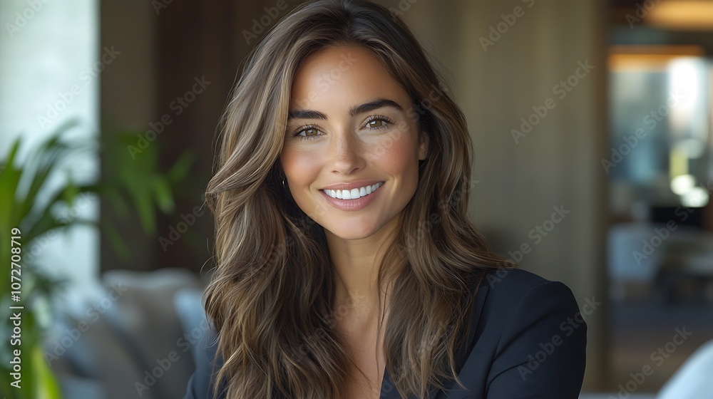Smiling woman radiates confidence in modern office setting Smiling woman radiates confidence in modern office setting
