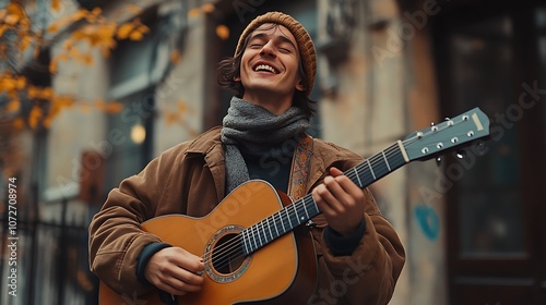 Young musician strums guitar and sings joyfully outdoors