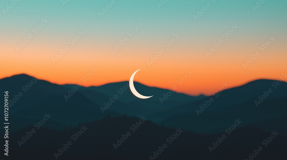 Crescent Moon Over Mountain Silhouette at Sunset