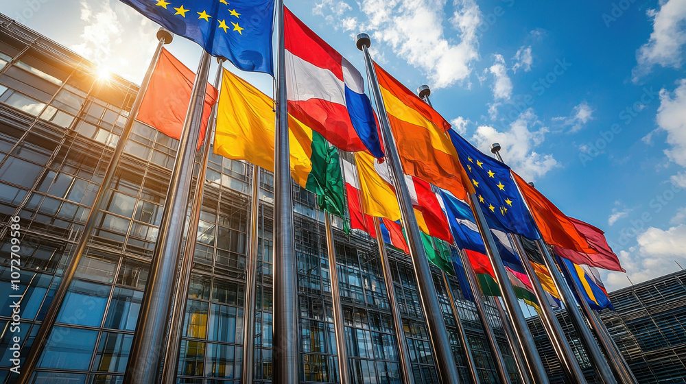 European flags waving in front of modern building under blue sky European flags waving in front of modern building under blue sky