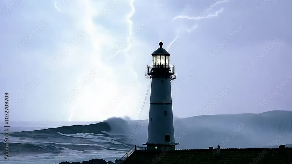 Lightning striking dramatically near a majestic lighthouse during a stormy night Lightning striking dramatically near a majestic lighthouse during a stormy night