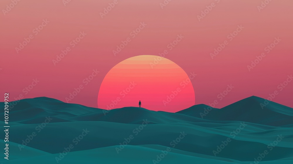 Surreal Sunset Landscape with Silhouette Figure and Giant Sun Surreal Sunset Landscape with Silhouette Figure and Giant Sun