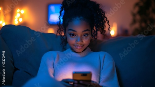 Young woman enjoys evening relaxation while browsing her smartphone