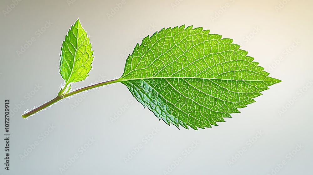 Fototapeta premium The sharply defined edges of a solitary lemon balm leaf stand out against the clean white backdrop, creating a visually striking image that conveys a sense of purity and simplicity