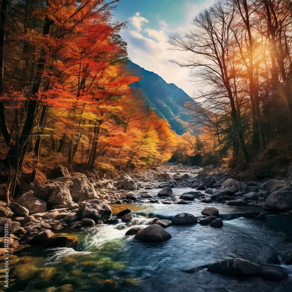 A serene river flows through a vibrant autumn forest, showcasing colorful foliage and mountains. A serene river flows through a vibrant autumn forest, showcasing colorful foliage and mountains.