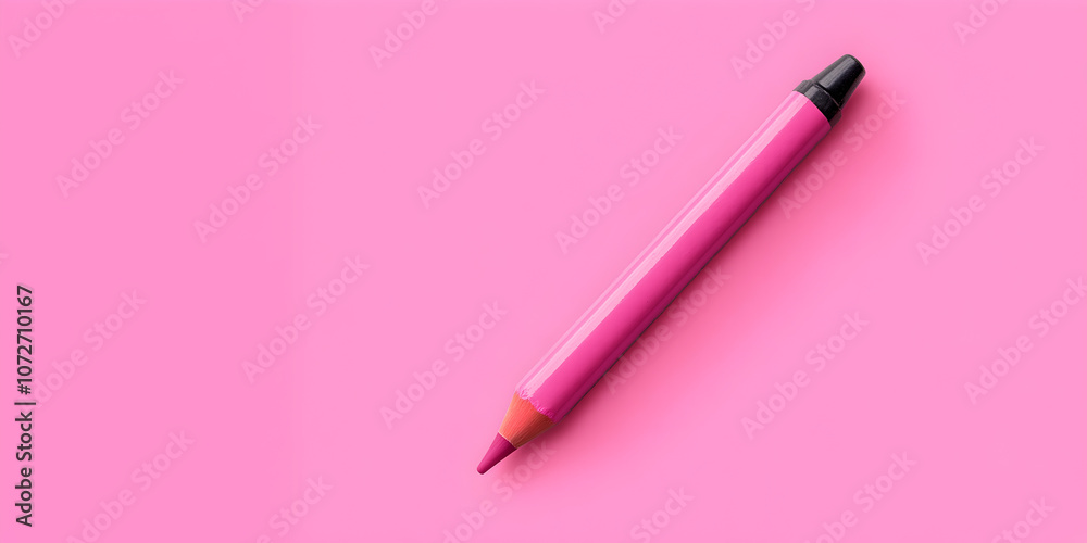 A vibrant 3D illustration of a crayon icon positioned on the right side against a panoramic pink backdrop with ample empty space.