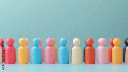 Colorful Wooden People Figures in a Row on Blue Background Diversity Teamwork Community