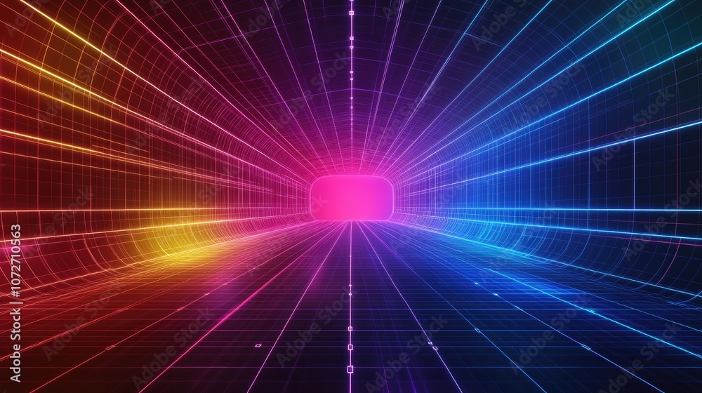 Vibrant Neon Light Tunnel with Grid Pattern Vibrant Neon Light Tunnel with Grid Pattern