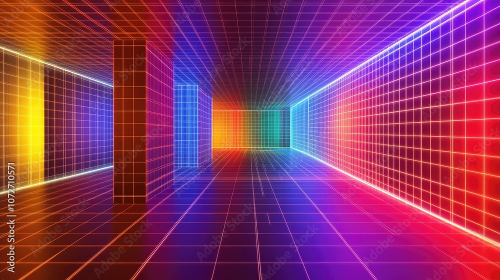 Vibrant Neon Grid Room with Colorful Light Effects Vibrant Neon Grid Room with Colorful Light Effects